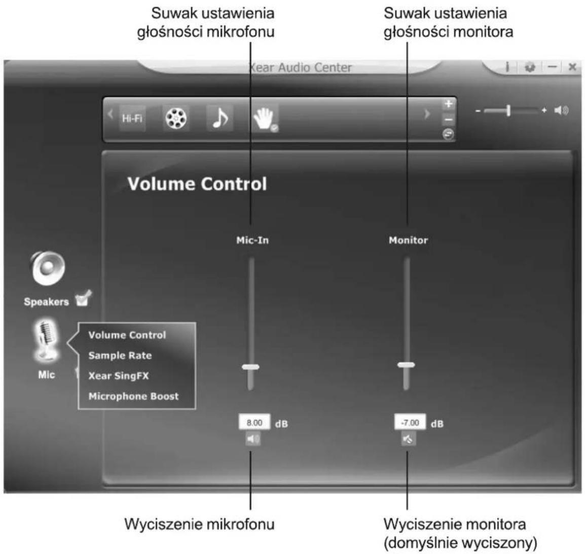Suwak ustawienia głośności mikrofonu Suwak ustawienia głośności monitora Kear Audio Center Volume Control Mic-In Monitor Speakers Mic Volume Control Sample Rate Xear SingFX Microphone Boost 8.00 dB -7.00 dB Wyciszenie mikrofonu Wyciszenie monitora (domyślnie wyciszony)