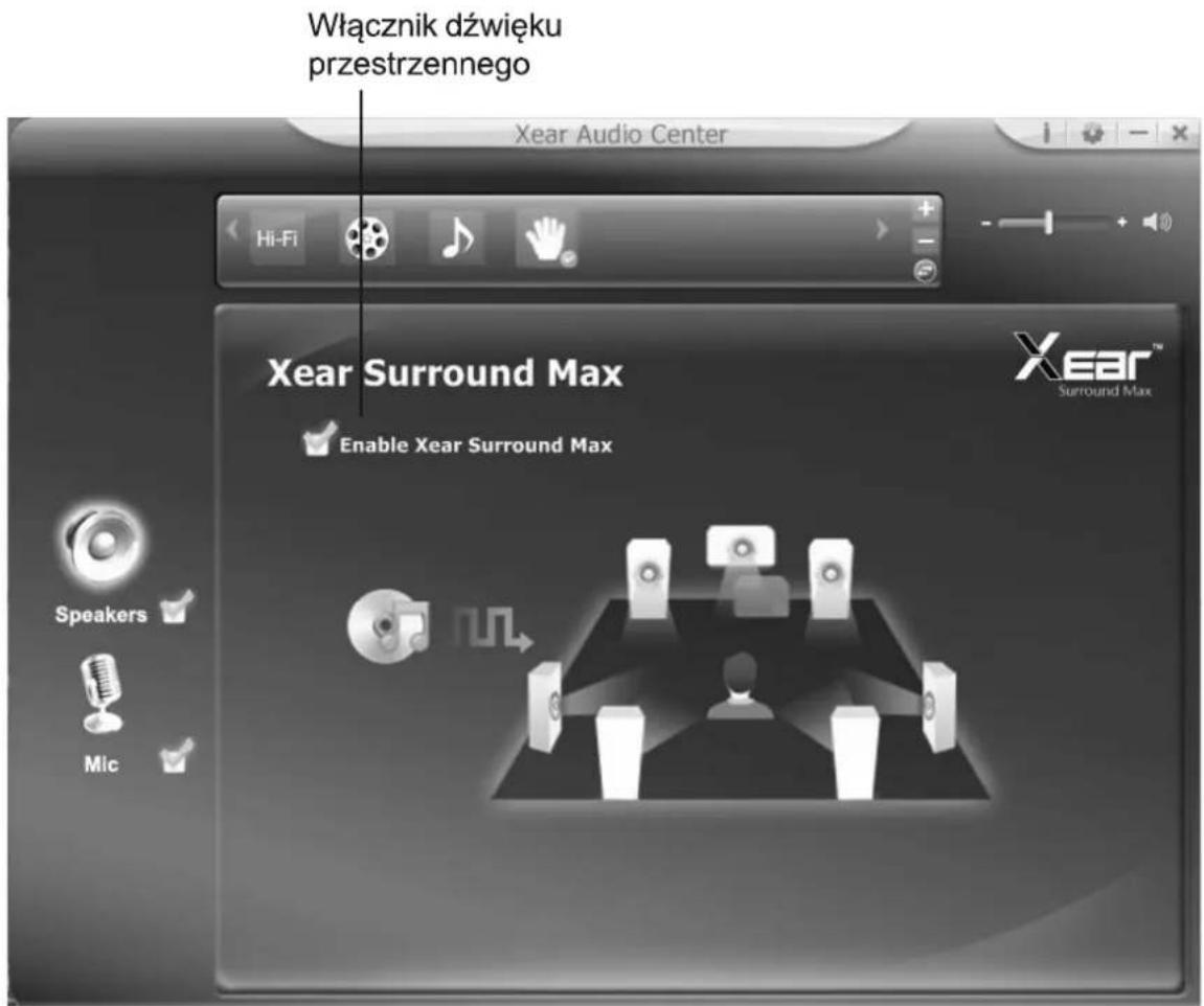 Włącznik dźwięku przestrzennego Xear Audio Center Hi-Fi + - + - Xear Surround Max Enable Xear Surround Max XEAR™ Surround Max Speakers Mic