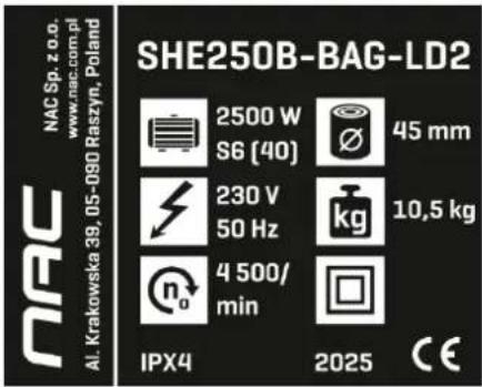 NAC SHE250B-BAG-LD2 - Inne oznaczenia na maszynie - 1