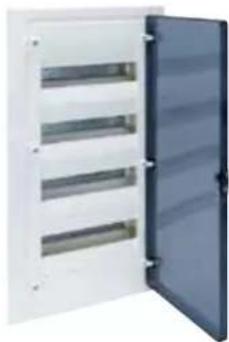 Exterior view of a white electrical cabinet with four compartments, one open and one closed (no text or symbols visible)
