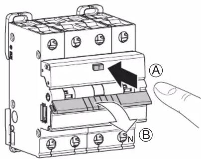 Diagram of an electrical circuit breaker with labeled components and a finger pointing to the component.