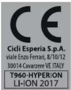 CE Cicli Esperia S.p.A. viale Enzo Ferrari, 8/10/12 30014 Cavarzere VE ITALY T960-HYPERION LI-ION 2017