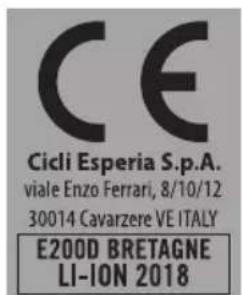 CE Cicli Esperia S.p.A. viale Enzo Ferrari, 8/10/12 30014 Cavarzere VE ITALY E200D BRETAGNE LI-ION 2018