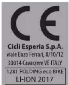 CE Cicli Esperia S.p.A. viale Enzo Ferrari, 8/10/12 30014 Cavarzere VE ITALY 1281 FOLDING eco BIKE LI-ION 2017
