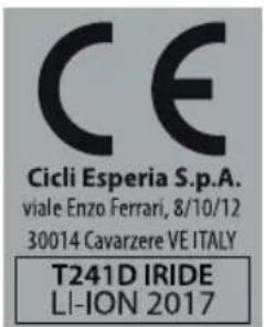 CE Cicli Esperia S.p.A. viale Enzo Ferrari, 8/10/12 30014 Cavarzere VE ITALY T241D IRIDE LI-ION 2017