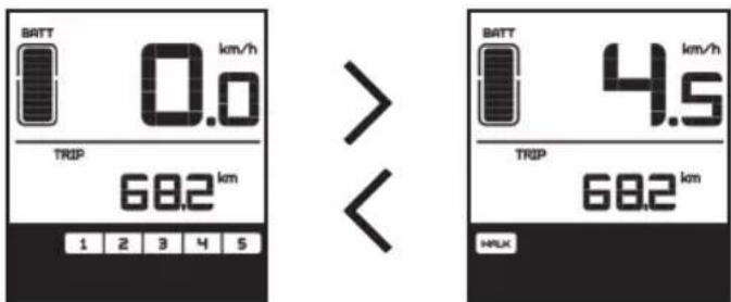 BATT 0.0 km/h TRIP 68.2 km 1 2 3 4 5 BATT 4.5 km/h TRIP 68.2 km HLK