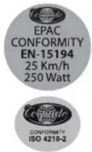 EPAC CONFORMITY EN-15194 25 Km/h 250 Watt Conformity ISO 4210-2