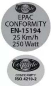 EPAC CONFORMITY EN-15194 25 Km/h 250 Watt Conformity ISO 4218-2