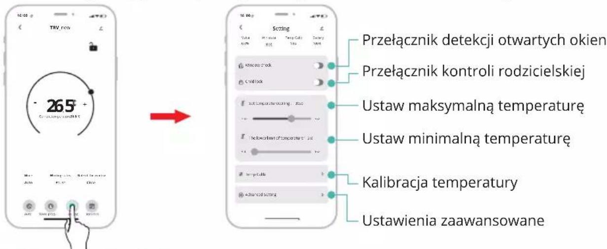10:30 TRV recu 26.5° Ceratianego zawazak Przełącznik detekcji otwartych okien Przełącznik kontroli rodzicielskiej Ustaw maksymalną temperaturę Ustaw minimalną temperaturę Kalibracja temperatury Ustawienia zaawansowane