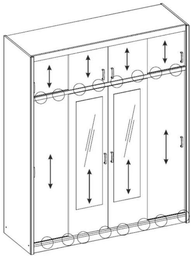 Technical line drawing of a cabinet with doors, doors, and hanging weights (no text or symbols)