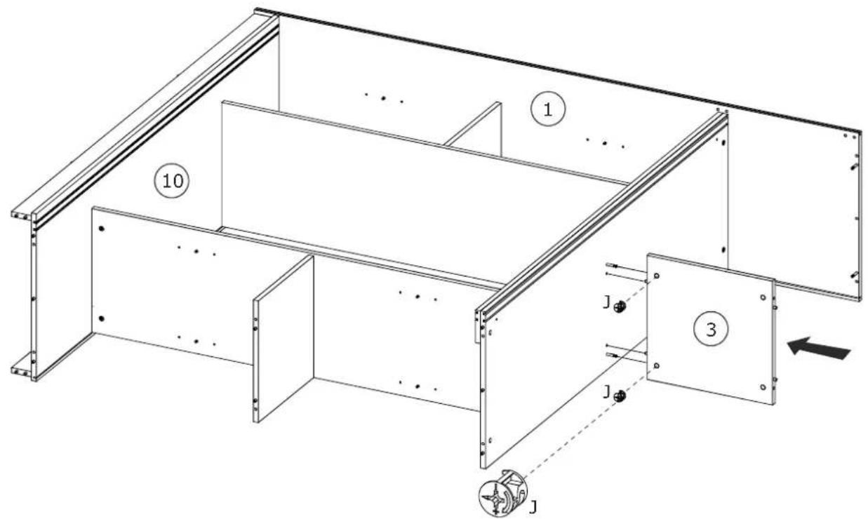 Technical diagram of a structural frame assembly with numbered components and directional arrows indicating movement or force.