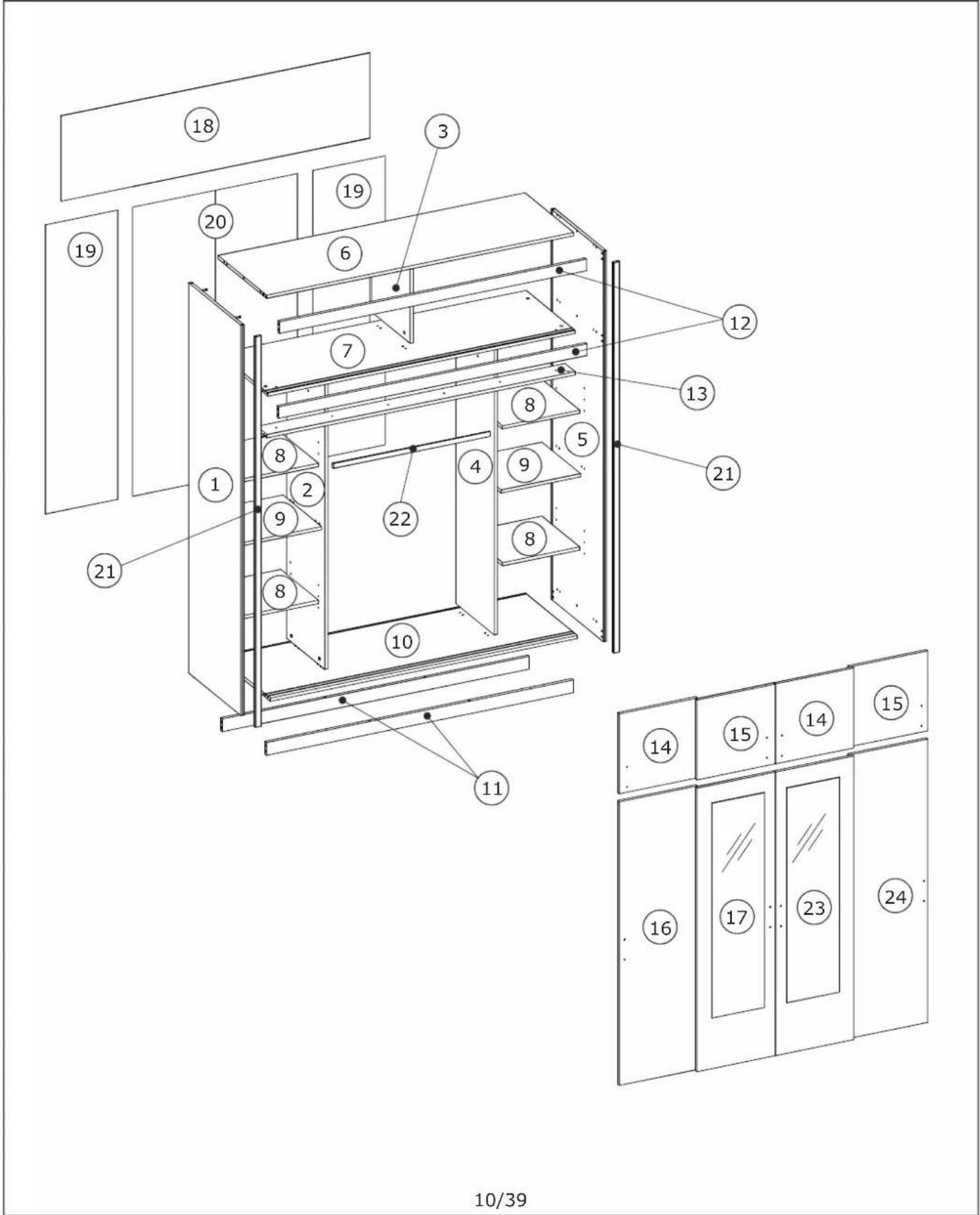Technical diagram of a refrigerator with numbered components and labeled parts, including front panels and side windows.
