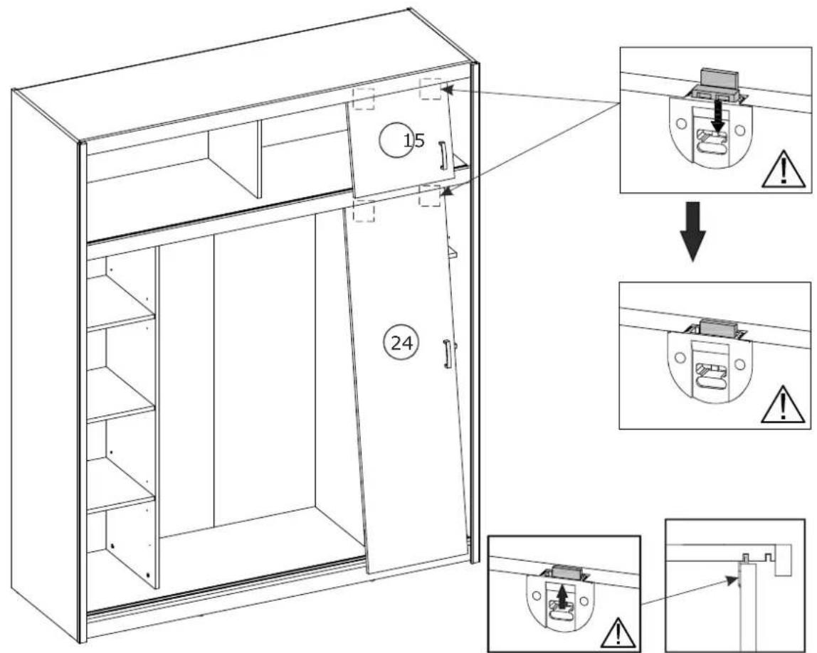 Technical diagram of a cabinet with labeled components and warning indicators for installation or repair.