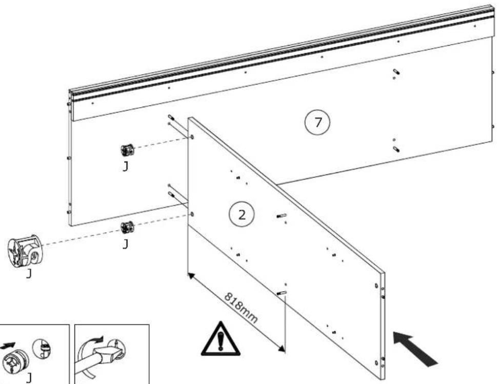 Technical diagram showing assembly of a mechanical component with labeled parts and dimensional annotation of 818mm