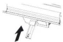 Pure mechanical assembly diagram showing a bracket with an arrow indicating direction (no text or symbols)