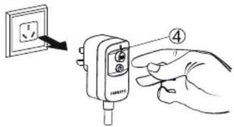 Diagram showing hand holding a wall-mounted electrical socket connected to a plug, with a numbered callout indicating step 4.