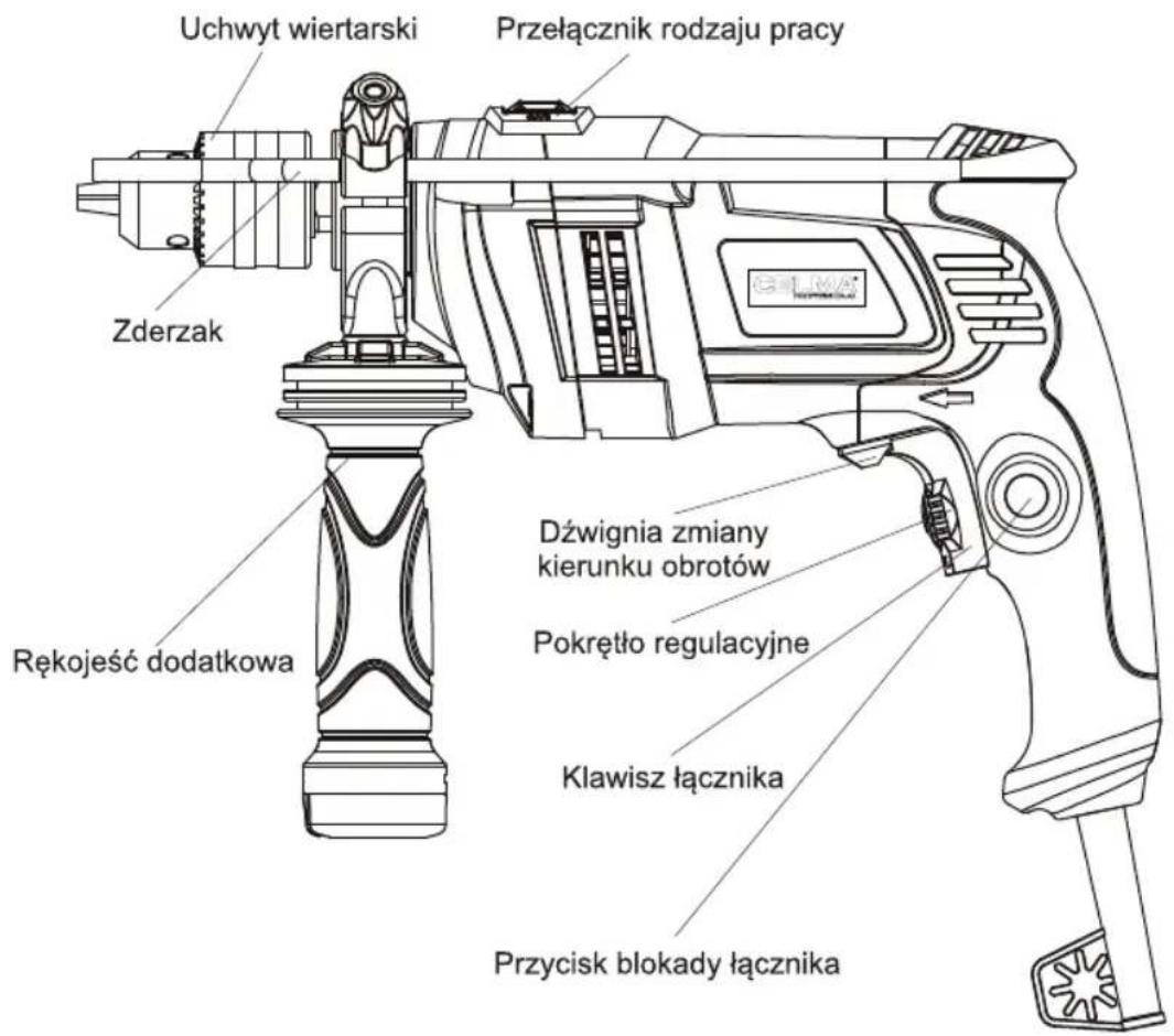 Uchwyt wiertarski Przełącznik rodzaju pracy Zderzak Dźwignia zmiany kierunku obrotów Pokrętło regulacyjne Rękojeść dodatkowa Klawisz łącznika Przycisk blokady łącznika