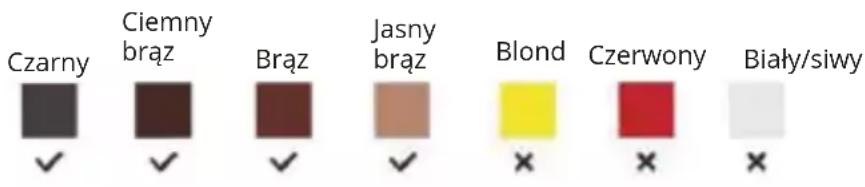 Czarny ✓ Ciemny brąz ✓ Braż ✓ Jasny brąz ✓ Blond × Czerwony × Biały/siwy