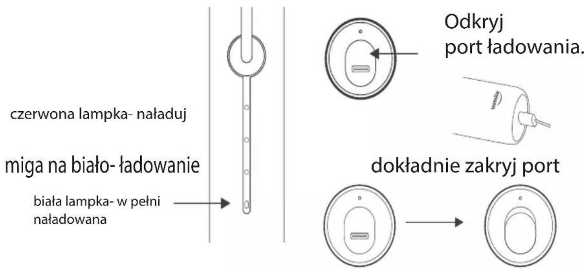 czerwona lampka- naładuj miga na biało- ładowanie biała lampka- w pełni naładowana Odkryj port ładowania. dokładnie zakryj port