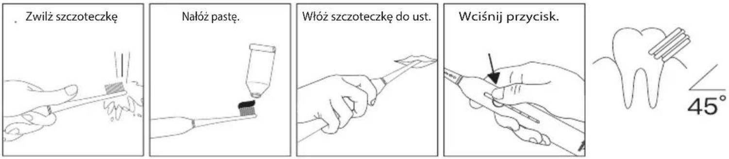 Zwilż szczoteczkę Nałóż paste. Włóż szczoteczkę do ust. Wciśnij przycisk. 45°