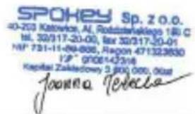SPOHEY Sp. Z O.O. 40-203 Katowice, Al, Rodzczekiego 185 C Hl., 30/17-20-00, Fax 30/217-20-01 NF 731-11-09-006, Regon 471323830 IP 9106142516 Kapital Zakelandowy 3 800 000, 00at Joanna Terecka