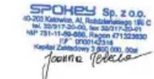 SPOHEY Sp. Z O.O. 40-203 Katowice, Al. Rostzlekaratskiego 196 C tel. 32/31-20-00, fax 32/31-20-01 HIP 751-11-89-886, Rajon 471323830 IP: 0700142516 Kapital Zestadowy 3 500 000, 00s joshina Terecka