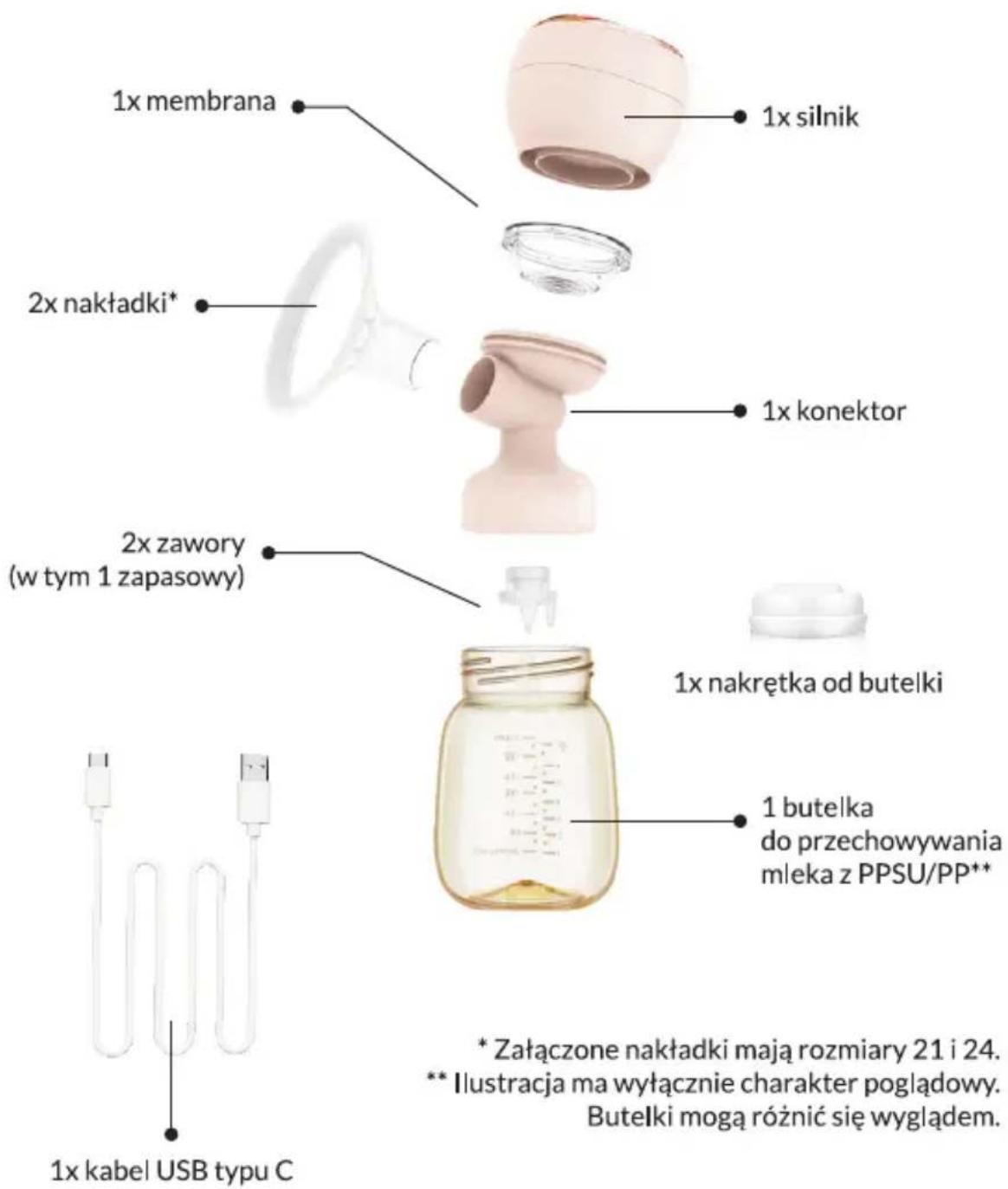 1x membrana 1x silnik 2x nakładki* 1x konektor 2x zawory (w tym 1 zapasowy) 1x nakrętka od butelki 1 butelka do przechowywania mleka z PPSU/PP** * Załączone nakładki mają rozmiary 21 i 24. ** Ilustracja ma wyłącznie charakter poglądowy. Butelki mogą różnić się wyglądem. 1x kabel USB typu C