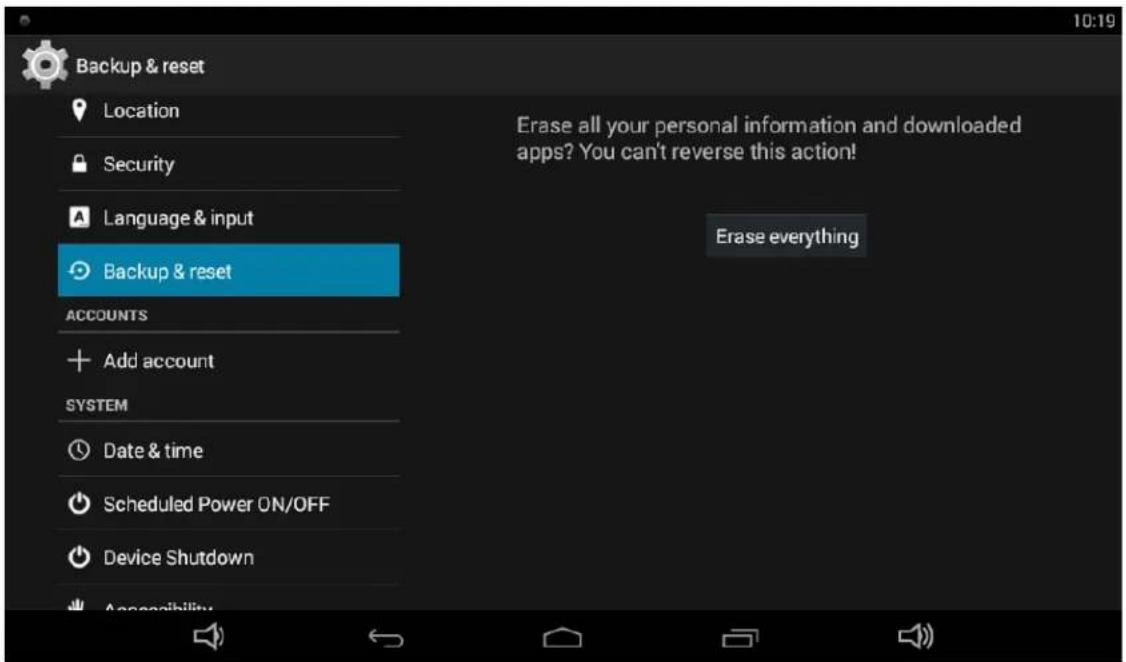 Backup & reset Location Security Language & input Backup & reset ACCOUNTS + Add account SYSTEM Date & time Scheduled Power ON/OFF Device Shutdown Erase everything Erase all your personal information and downloaded apps? You can't reverse this action! Erase everything
