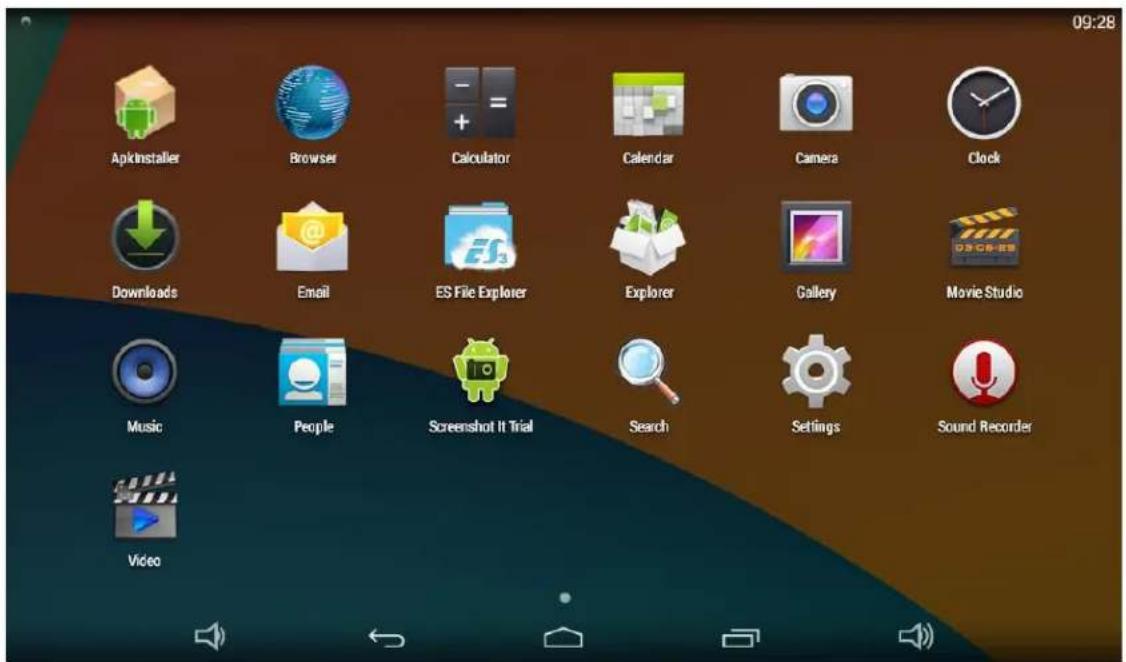 09:28 ApkInstaller Browser Calculator Calendar Camera Clock Downloads Email ES File Explorer Explorer Gallery Movie Studio Music People Screenshot It Trial Search Settings Sound Recorder Video