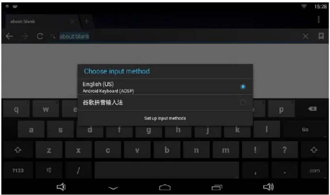 Choose input method English (US) Android Keyboard (ADSP) 谷歌拼音输入法 Setup input methods