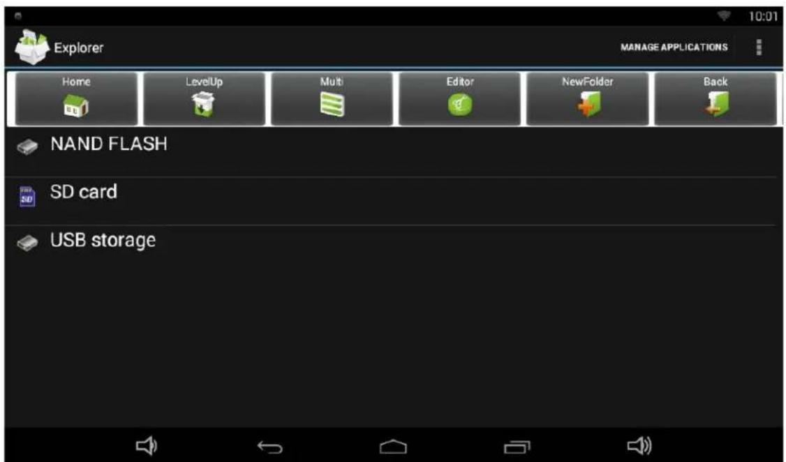 Explorer MANAGE APPLICATIONS Home LevelUp Multi Editor NewFolder Back NAND FLASH SD card USB storage