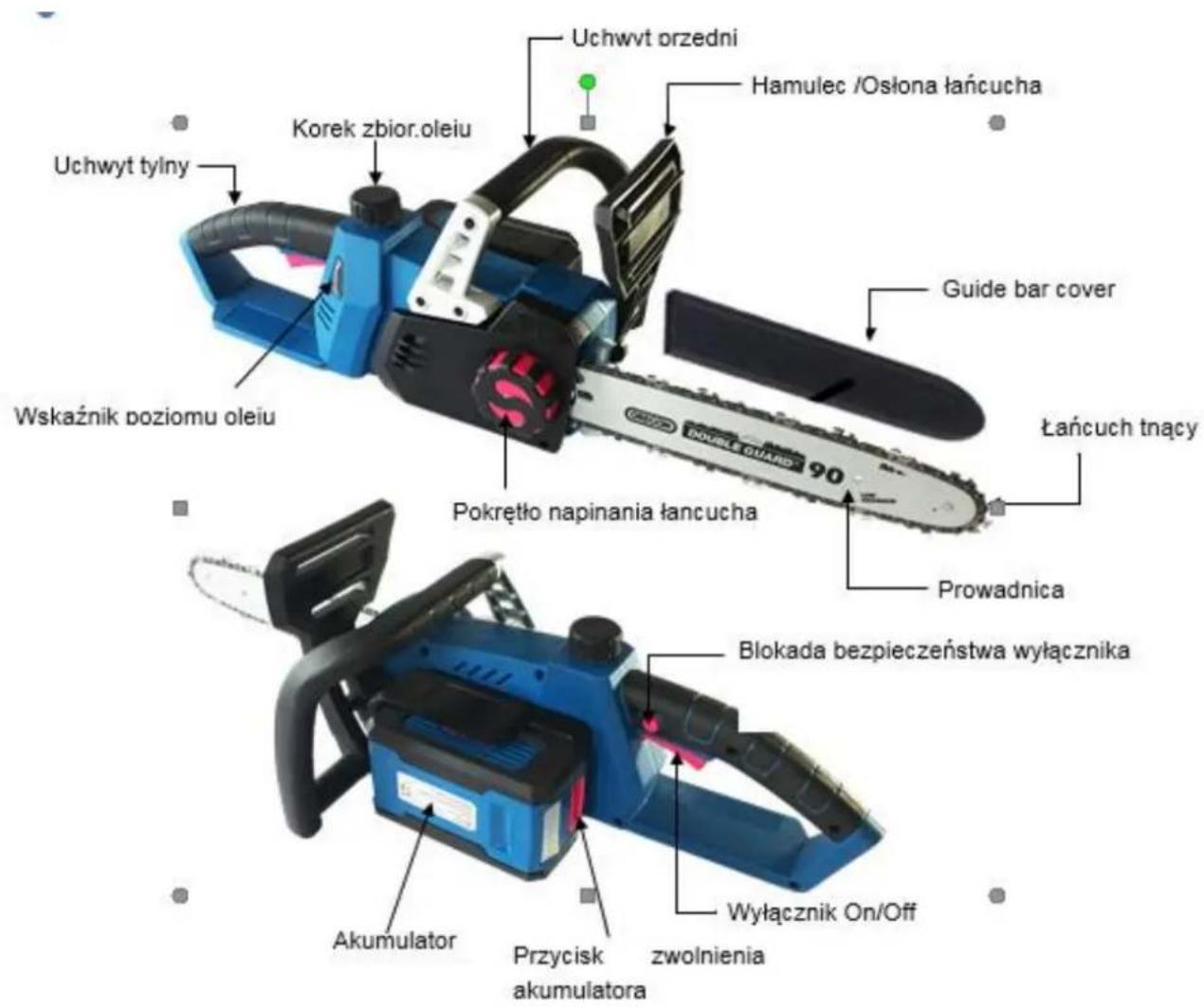 Uchwyt orzedni Hamulec /Osłona łańcucha Korek zbior.oleiu Uchwyt tylny Guide bar cover Wskaźnik poziomu oleiu Łańcuch tnący Pokrętło napinania łańcucha Prowadnica Blokada bezpieczeństwa wyłącznika Wyłącznik On/Off Akumulator Przycisk akumulatora zwolnienia
