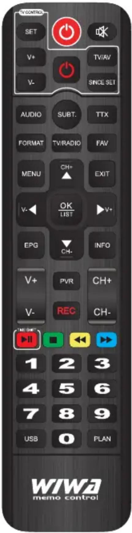 TV CONTROL SET V+ V- AUDIO SUBT. TTX FORMAT TV/RADIO FAV MENU CH+ EXIT V- OK LIST V+ EPG CH- INFO V+ PVR CH+ V- REC CH- 1 2 3 4 5 6 7 8 9 USB 0 PLAN WIWA memo control