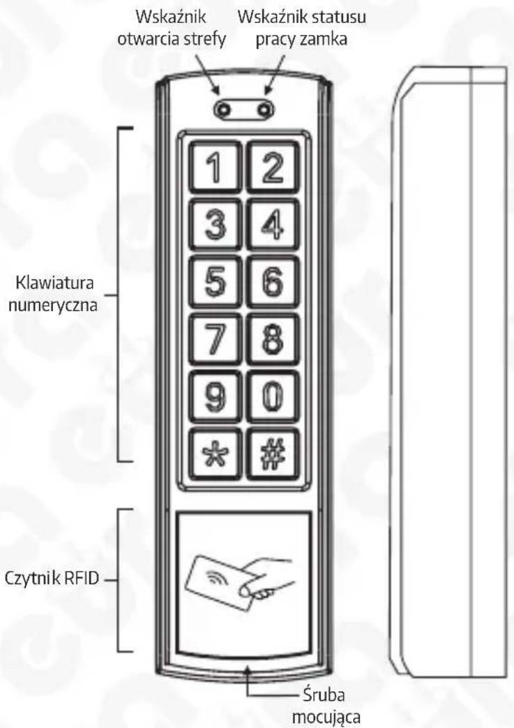 Wskaźnik otwarcia strefy Wskaźnik statusu pracy zamka Klawiatura numeryczna Czytnik RFID Śruba mocująca
