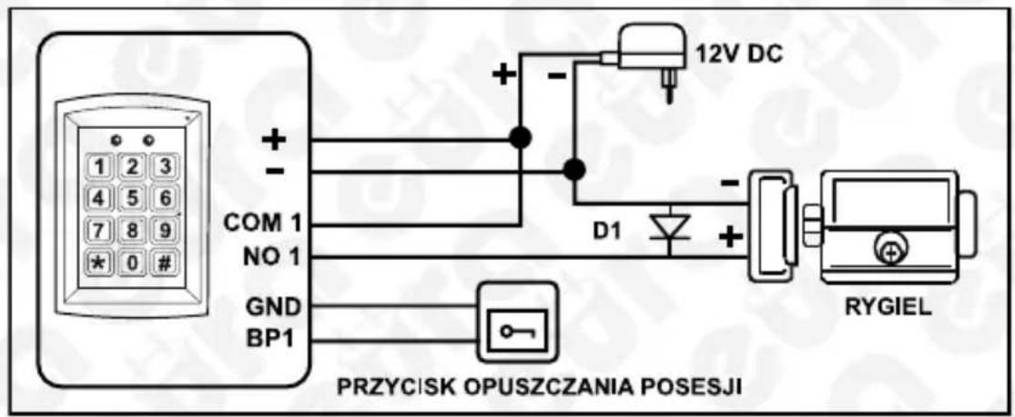 1 2 3 4 5 6 7 8 9 * 0 # COM 1 NO 1 GND BP1 + - + - D1 12V DC + - + - RYGIEL PRZYCISK OPUSZCZANIA POSESJI