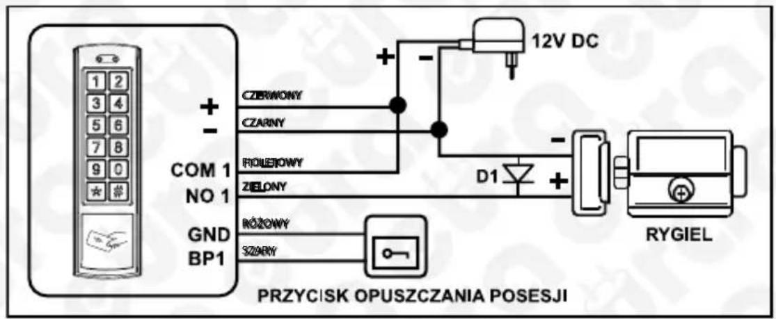 1 2 3 4 5 6 7 8 9 0 *# + - COM 1 NO 1 GND BP1 CZERWONY CZARY FIOLEJOWY ZIELONY RÓŻOWY SZARY PRZYCISK OPUSZCZANIA POSESJI 12V DC D1 RYGIEL