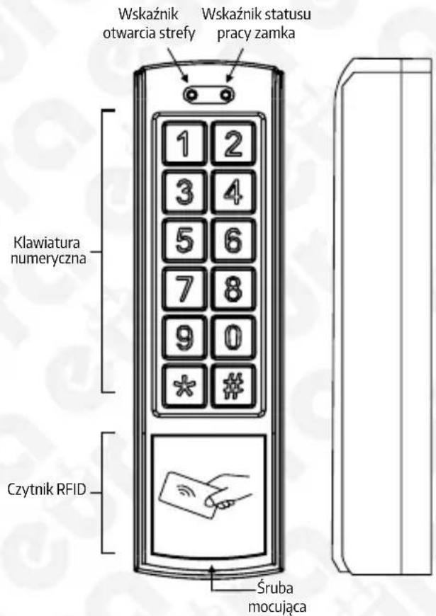Wskaźnik otwarcia strefy Wskaźnik statusu pracy zamka Klawiatura numeryczna Czytnik RFID Śruba mocująca