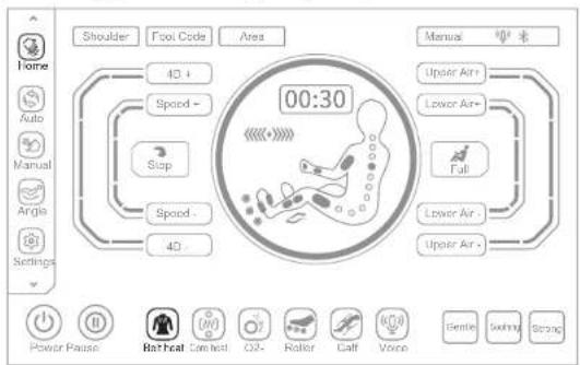 Shoulder Foot Code Area Manual 00:30 40 + Speed - Stop Speed - 40 - Manual Air+ Lower Air+ Full Lower Air - Upper Air - Power Pause Hot heat Cold heat O2- Roler Gait Voice Bentle Swing Strong