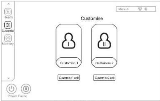 Customise Customise 1 Customise 2 Customise1 add Customise2 add Power Pause Health Customise Memory Manual + - Power Pause