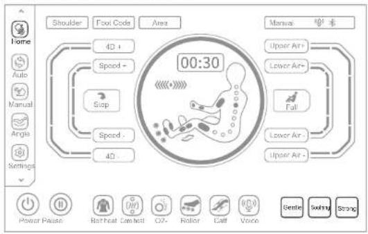 Shoulder Foot Code Area Manual 10% 4D + Speed + Stop Speed - 4D - 00:30 Upper Air+ Lower Air+ Fall Lower Air - Upper Air - Bentle Swing Strang Home Auto Manual Angle Settings Power Pause Hot heat Combust O2- Roller Galf Voice