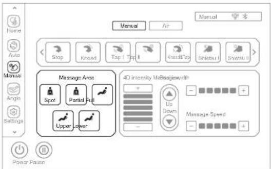 Manual Air Stop Knackl Tap I Top II KnacklTop Shietsui1 Shietsui2 Massage Area Spot Partial Full Upper Lower* 4D Intensity McRoajizwidth Up Down Massage Speed Power Pause