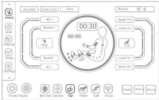 Shoulder Foot Goods Area Manual 4D + Speed + Stop Speed - 4D - 00:30 Upper Ar+ Lower Ar+ Full Lower Ar - Upper Ar - Manual Auto Manual Angle Settings Power Pause Bet beat. Cool test 02- Roller Call Voice Control Sailing Strong