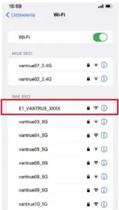 15:59 Ustawienia Wi-Fi Wi-Fi MOJE SECI vantrue07_2.4G vantrue02_2.4G INNE SECI E1_VANTRUE_XXXX vantrue03_5G vantrue04_5G vantrue05_5G vantrue06_5G vantrue08_5G vantrue09_5G vantrue10_5G