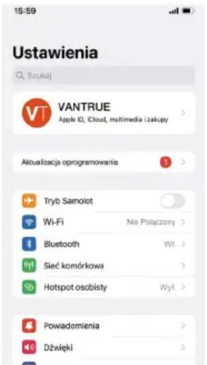Ustawienia Szukaj VANTRUE Apple ID, Cloud, multimedia izakupy Aktualizacja oprogramowania Tryb Samolot Wi-Fi Bluetooth Sieć komórkowa Hotspot ósobisty Na Połączony Wt. Wył. Powiadomienia Dźwięki