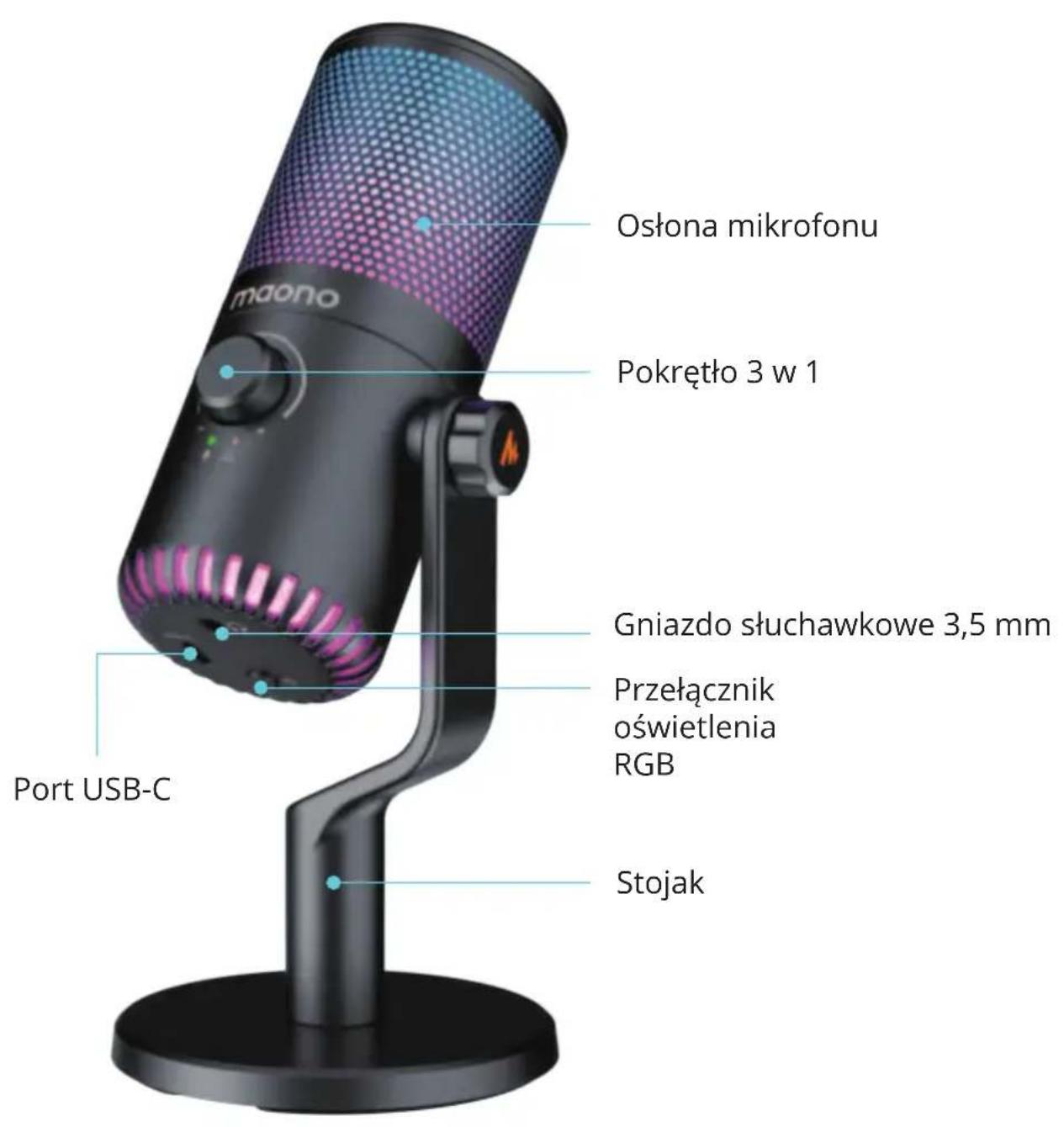 Ostona mikrofonu Pokrętło 3 w 1 Gniazdo słuchawkowe 3,5 mm Przełącznik oświetlenia RGB Port USB-C Stojak