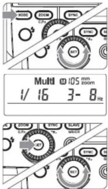 XODE ZOOM SYNC C.Fa SYNC SYNC 1/16 3-8Hz Multi @ 105 mm zoom 1/16 3-8Hz ZOOM SYNC SLAVE C.Fa SYNC SWITCH SET SYNC SET