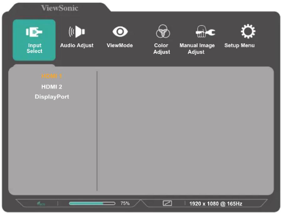 ViewSonic Input Select Audio Adjust ViewMode Color Adjust Manual Image Adjust Setup Menu HDMI 1 HDMI 2 DisplayPort 75% 1920 x 1080 @ 165Hz