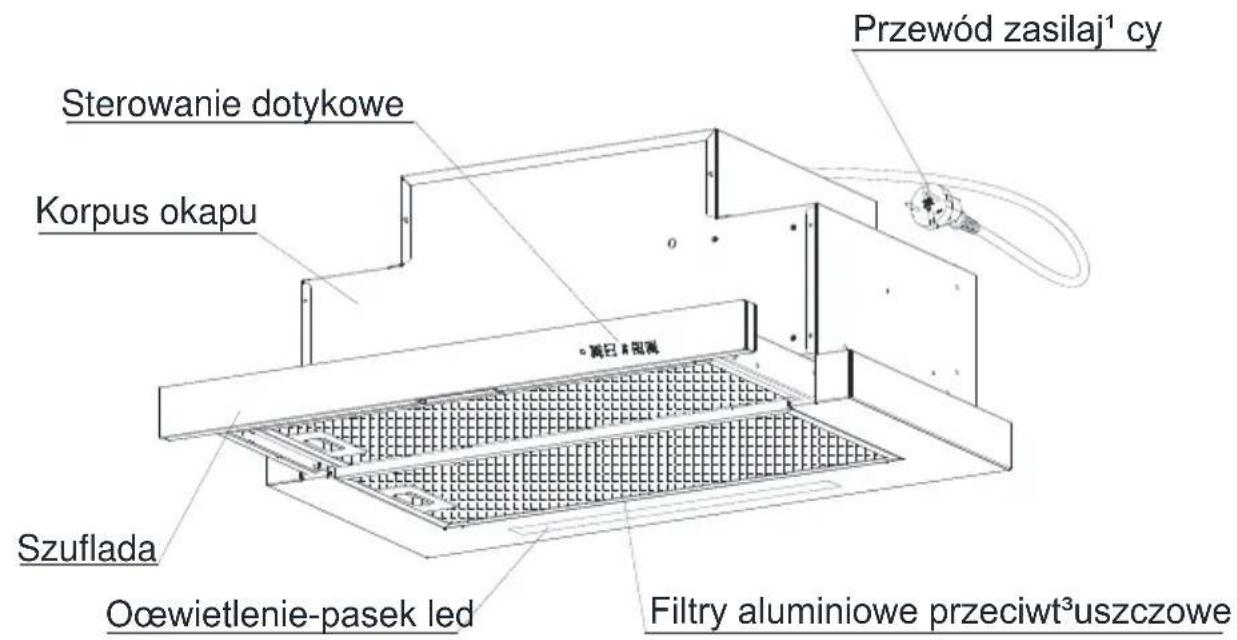 Sterowanie dotykowe Korpus okapu Przewód zasilaj¹ cy Śzwi B kryc Szuflada Ocewietlenie-pasek led Filtry aluminiowe przeciwt³uszczowe