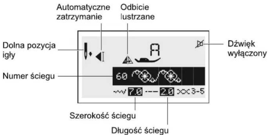Automatyczne zatrzymanie Odbicie lustrzane Dolna pozycja igły Numer ściegu 60 7.0 --- 2.0 ×3-5 Dźwięk wyłączony Szerokość ściegu Długość ściegu