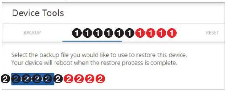 Device Tools BACKUP ①①①①①①①①① RESET Select the backup file you would like to use to restore this device. Your device will reboot when the restore process is complete. ②②②②②②②②②②